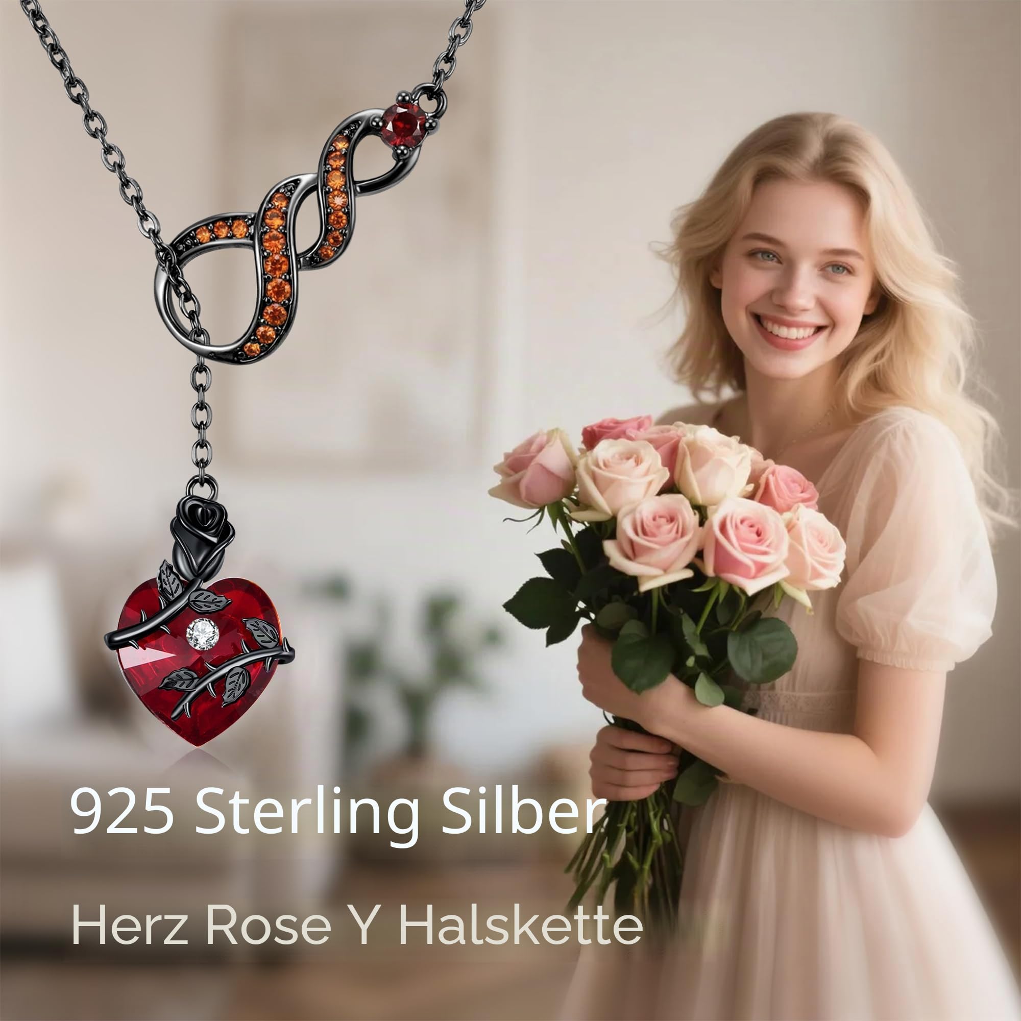 DAYLINLOVE Schwarze Rose 925 Sterling Silber Gothic Rot Herz/Kreuz Anhänger Halskette Goth Rose Schmuck Geschenk für Damen Mädchen Frauen Mutter