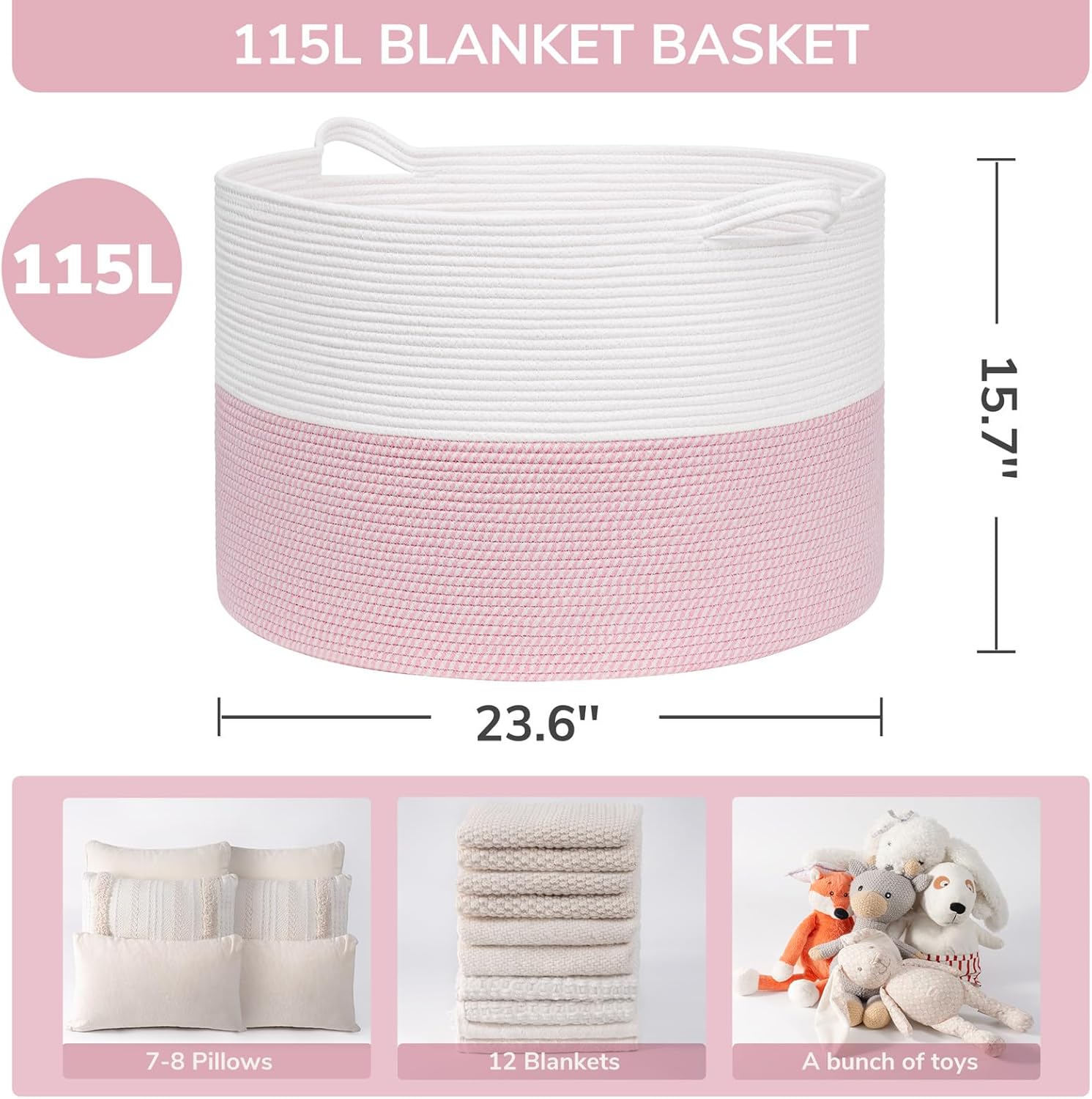 INDRESSME 115L Extra Large Pink Laundry Basket for Nursery Stuffed Animal Storage, Blanket Rope Baby Baskets Kids Toy Organizer Dorm Room Essentials for Girls, Pink - Image 2