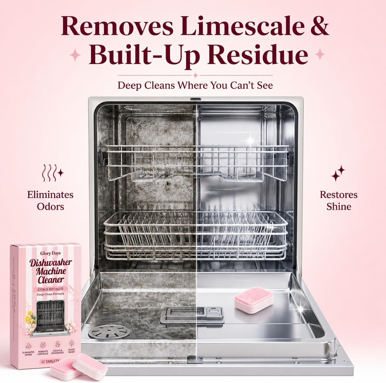 Dishwasher Cleaner And Deodorizer Tablets - 6 Months Supply Unscented Dishwasher Cleaning Tablets - Deep Cleaning Removes Limescale and Odors - Eco-friendly Dish Washer Machine Cleaner - Septic Safe