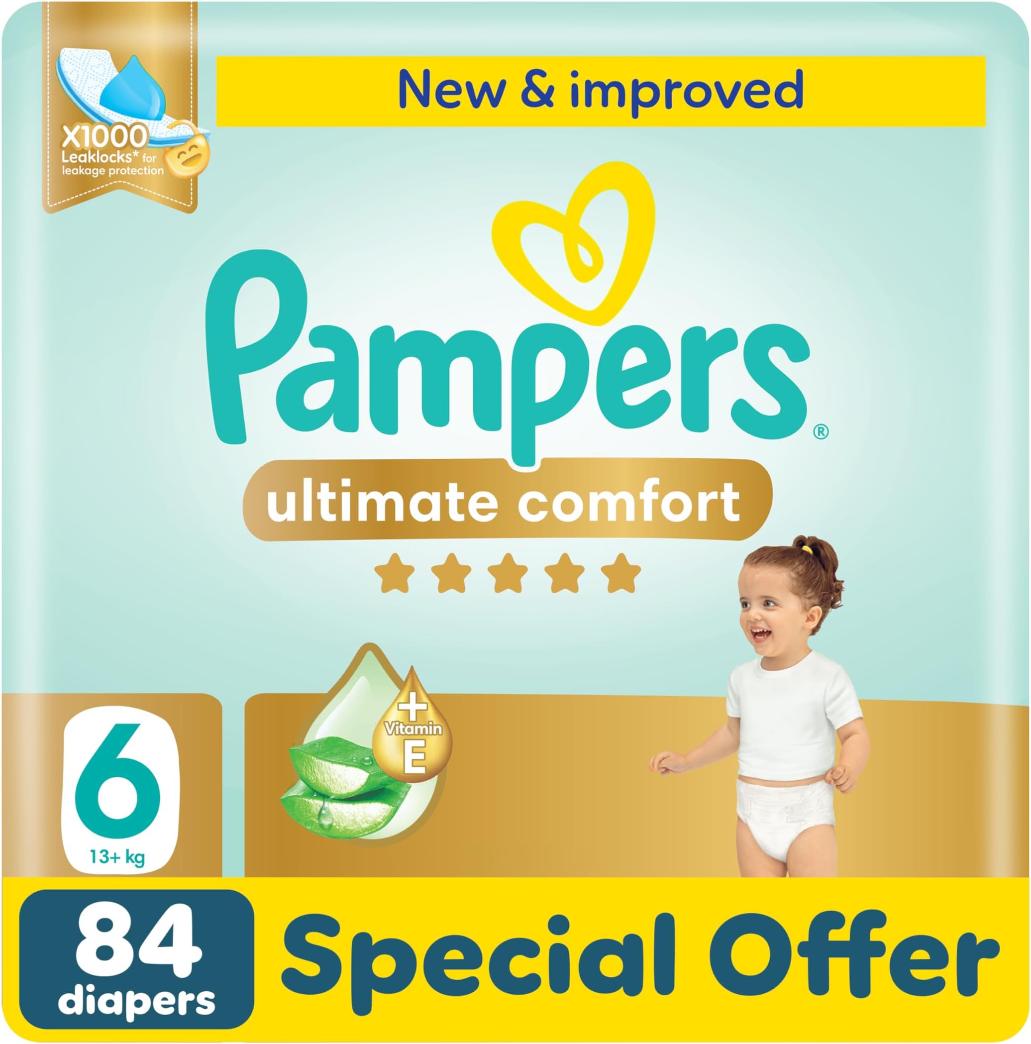 Ultimate Comfort Taped Diapers, Size 6, 13+kg, Lotion infused with Aloe Vera and Vitamin E, x1000 Leak Locks Technology for Leakage Protection, Giant Pack, 84 Count