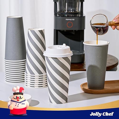 Miniatura 15 de JOLLY CHEF 100 Pack 12 oz Paper Coffee Cups, Disposable Printed Hot Cups with Lids for Home, Business, Restaurant and Cafe (Stripes and Grey)