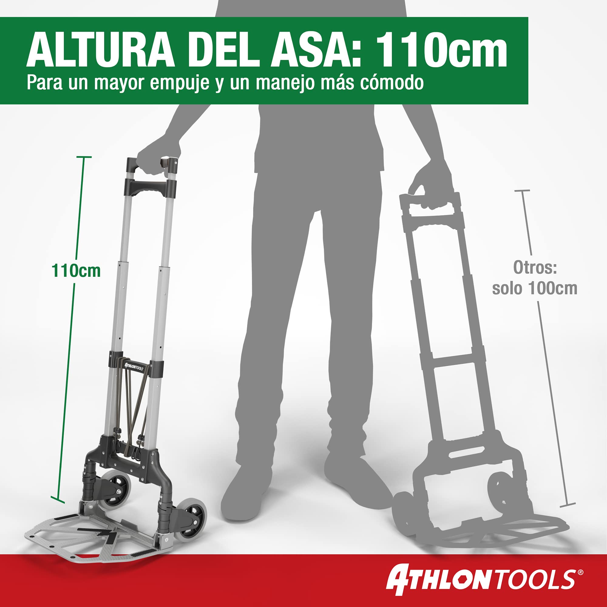 ATHLON TOOLS Carretilla Plegable de Aluminio TÜV GS-Certificado | 70 kg Carga MAX | Carretilla de Mano con Ruedas con Bandas de Rodadura Suaves | Zona de Carga con Almohadillas Antideslizantes