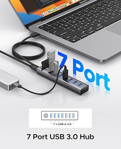 Miniatura 2 de ORICO Hub USB de aluminio de 7 puertos con cable de 3.28 pies, múltiples concentradores USB 3.0, transferencia de datos de 5 Gbps, puerto tipo C 5V