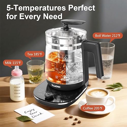 Miniatura 3 de Hervidor eléctrico de vidrio con infusor de té, acero inoxidable de 1.5L, hervidor rápido de 1200 W, temperatura y control programable para téscafé,