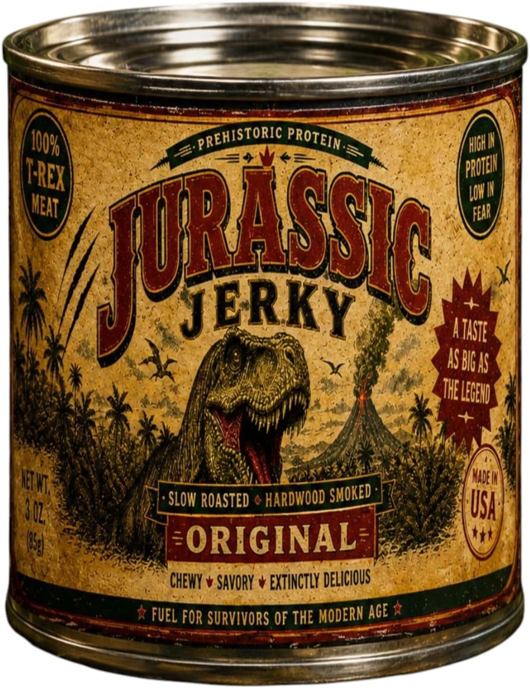 Jurrasic Jerky 16 oz Vintage Novelty empty Tin Stash can, Halloween Prop