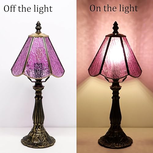 Miniatura 4 de Small Tiffany Table Lamp Purple Bark Pattern Style Stained Glass Desk Lamps 6X6X14 Inch Bronze Resin Base Antique Mini Accent Light