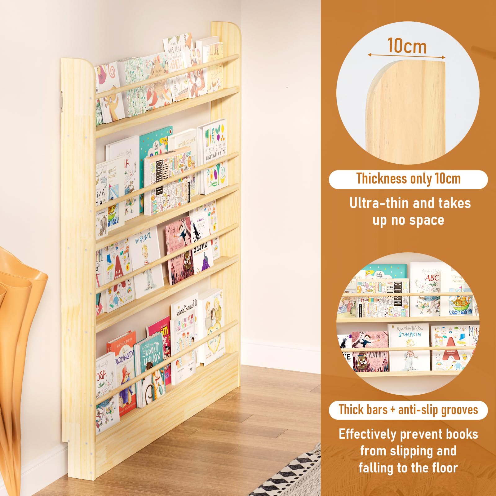 Estantería detrás de la puerta, estantería de madera de 4 niveles para niños para libros y almacenamiento de juguetes para adultos, ahorro de espacio en el dormitorio, sala de estar, sala de 4