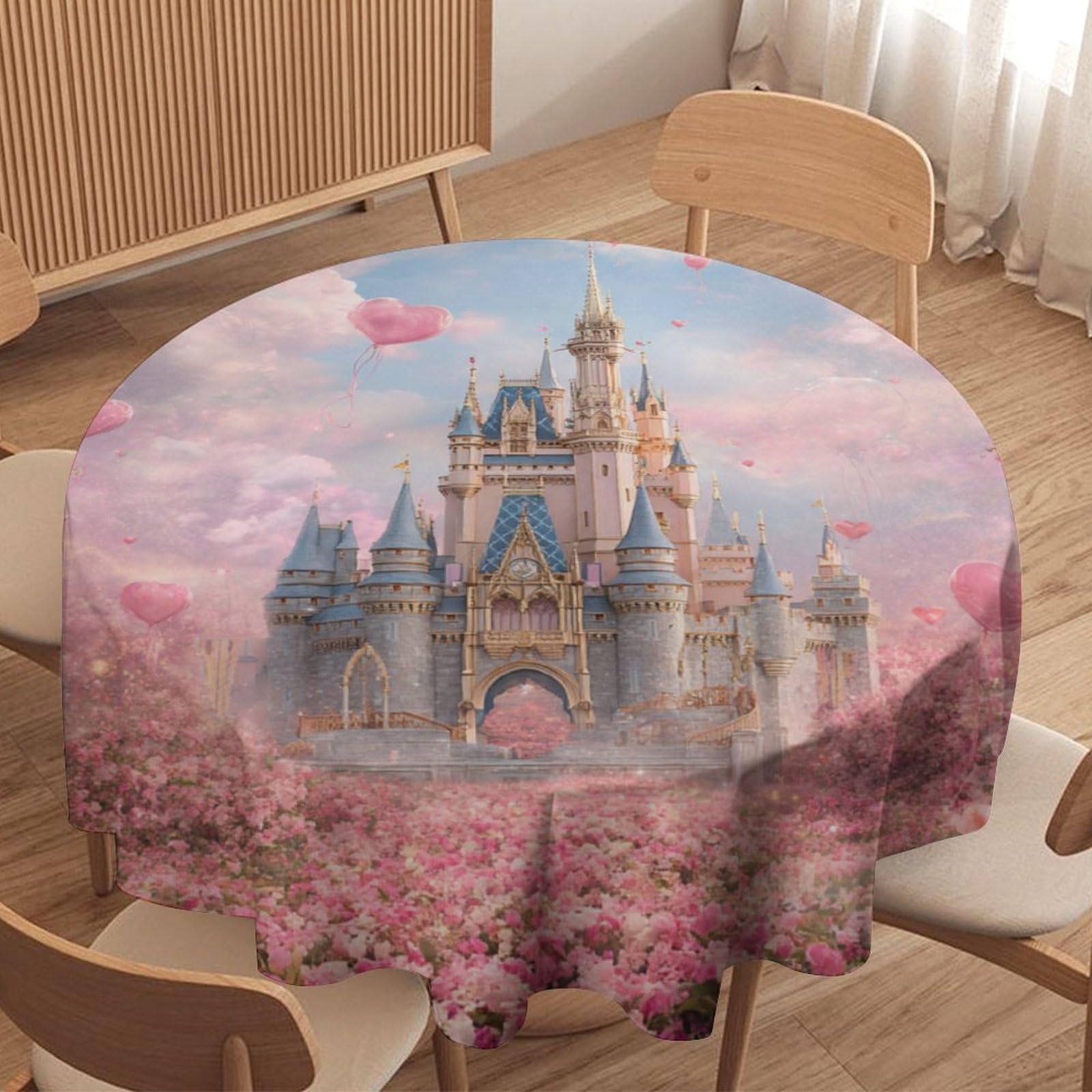 LUYYSKY Beautiful Fantasy Castle Round Tablecloth Colorful Classic Fairy Tale Forest Pink Roses Floral Heart Pattern Washable Decor for Table Cover for Kitchen-152.4" Wx152.4 L cm
