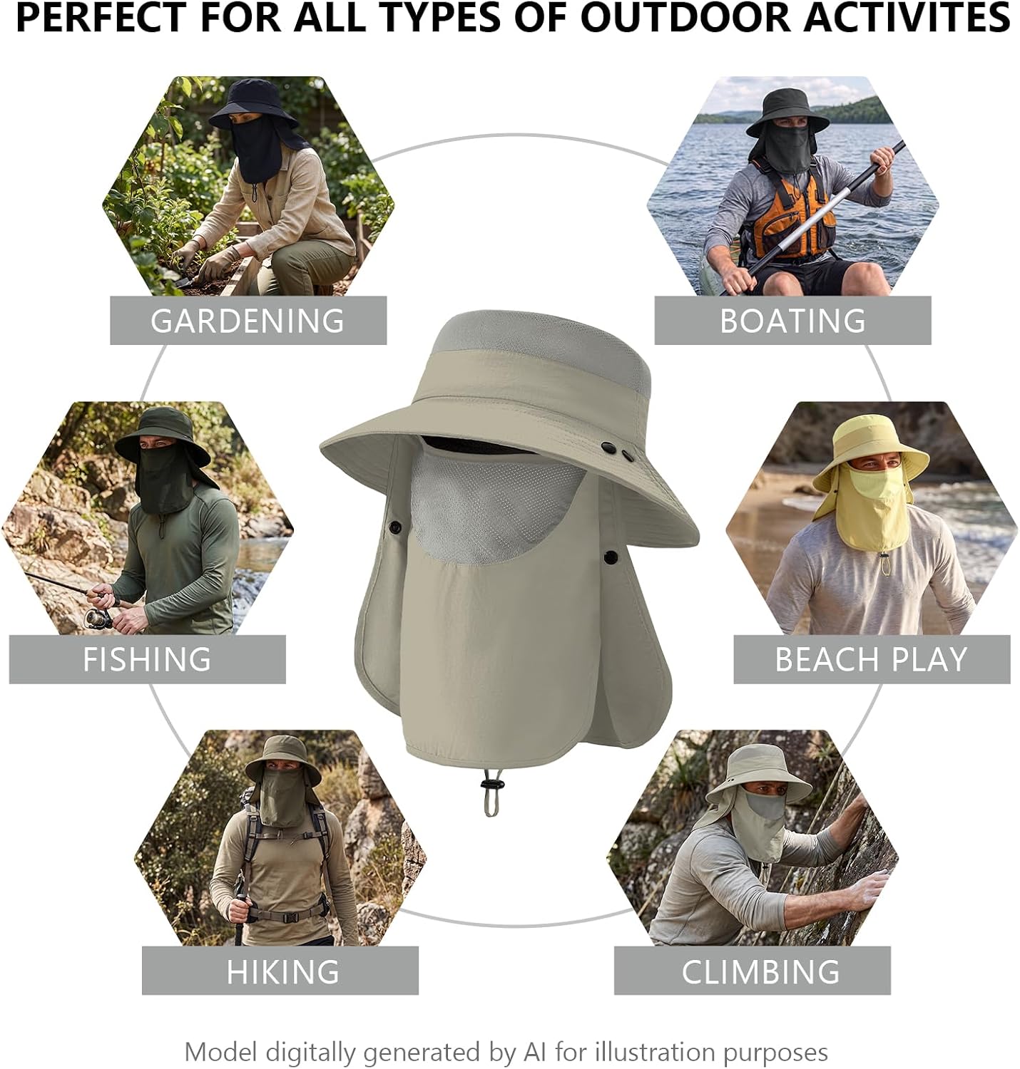 2 Pcs UPF 50+ Unisex Wide Brim Fishing Hat with Face Mask & Neck Flap