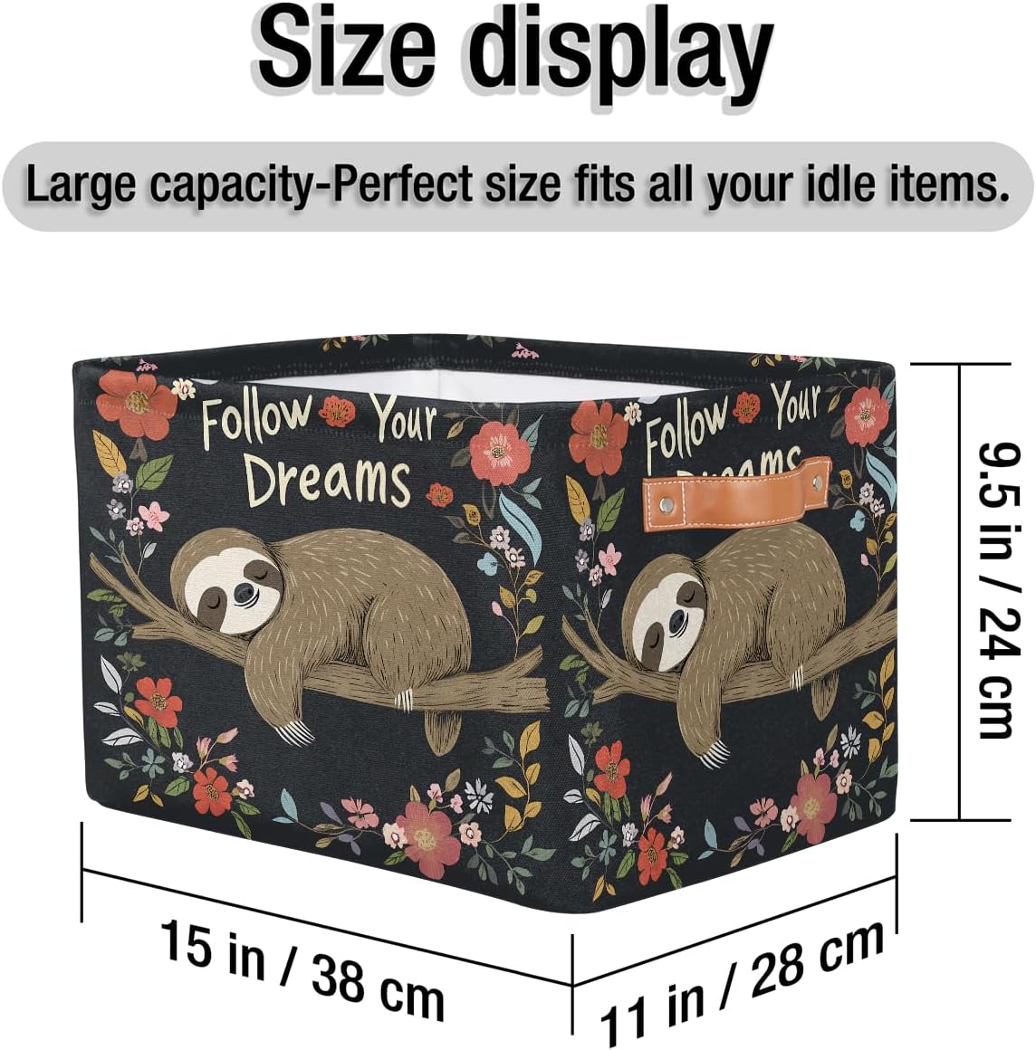 SEULIFE Quote Animal Sloth Flower Tree Foldable Storage Basket, Large Collapsible Organizer Storage Bin Cube Toys Storage Boxes with Handles for Bathroom Kids Nursery Closet Storage, 1 Pack