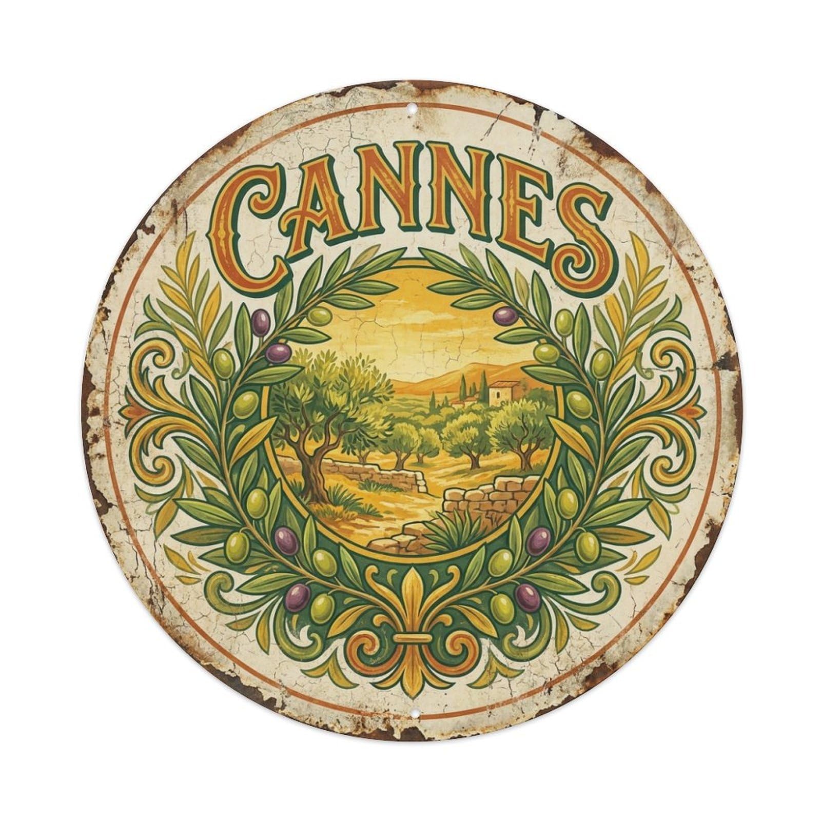 Retro Cannes Olive Branch Motif Mediterranean Travel Metal Tin Sign
