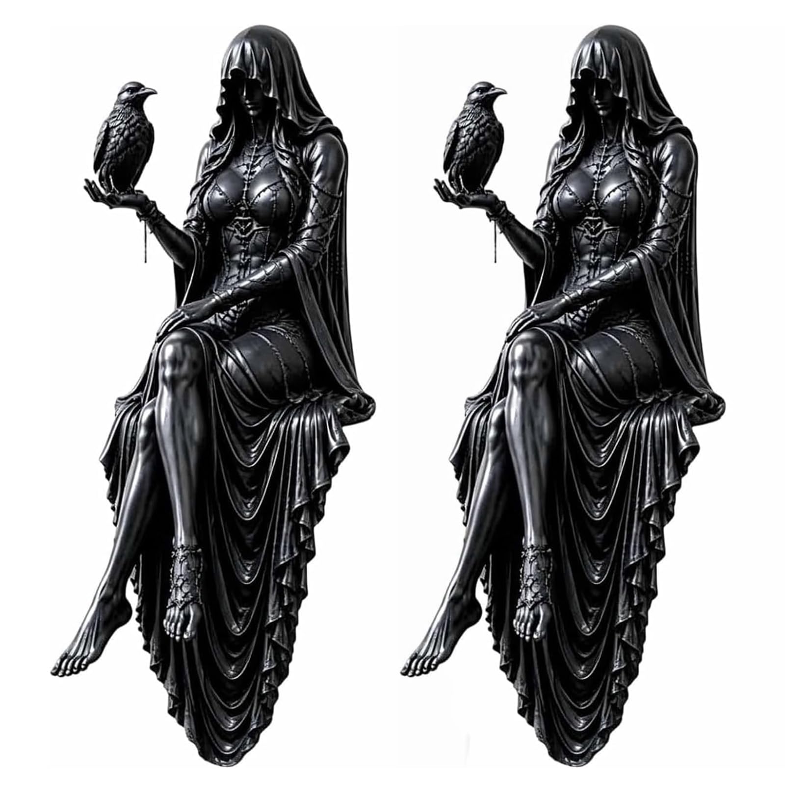 2PCS Gothic Raven Shelf Sitter Resin Statue Gift for Bookworms & Literature Fans Hooded Mysterious Lady Sculpture Dark Academia Desk Ornament for Tabletop or Bookshelf Decoration