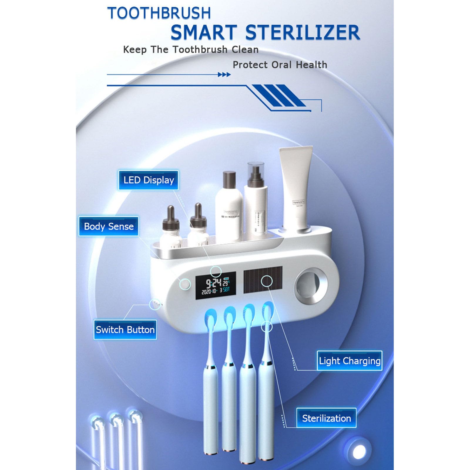Dispensador de Pasta de Dientes montado en la Pared, esterilizador de Cepillo de Dientes Inteligente con Pantalla LED, Soporte para Cepillo de Dientes, Organizador de baño, Accesorios,A