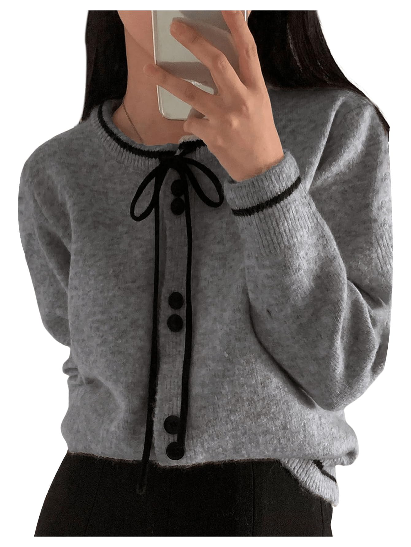 GORGLITTER Womens Bow Button Up Fall Short Cardigan Sweater Dressy Trendy Cute Long Sleeve Cable Knit Light Sweater