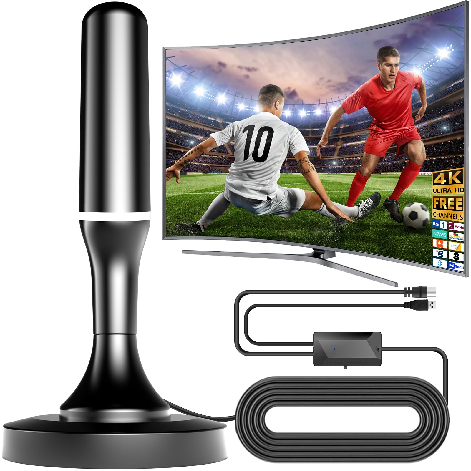 Antenna TV Interna, Antenna TV Interna Amplificata Potente | Ricezione 360° fino a 500 km con Base Magnetica,Supporto HD/4K/1080,DVB-T2/DVB-T2,installazione molto semplice