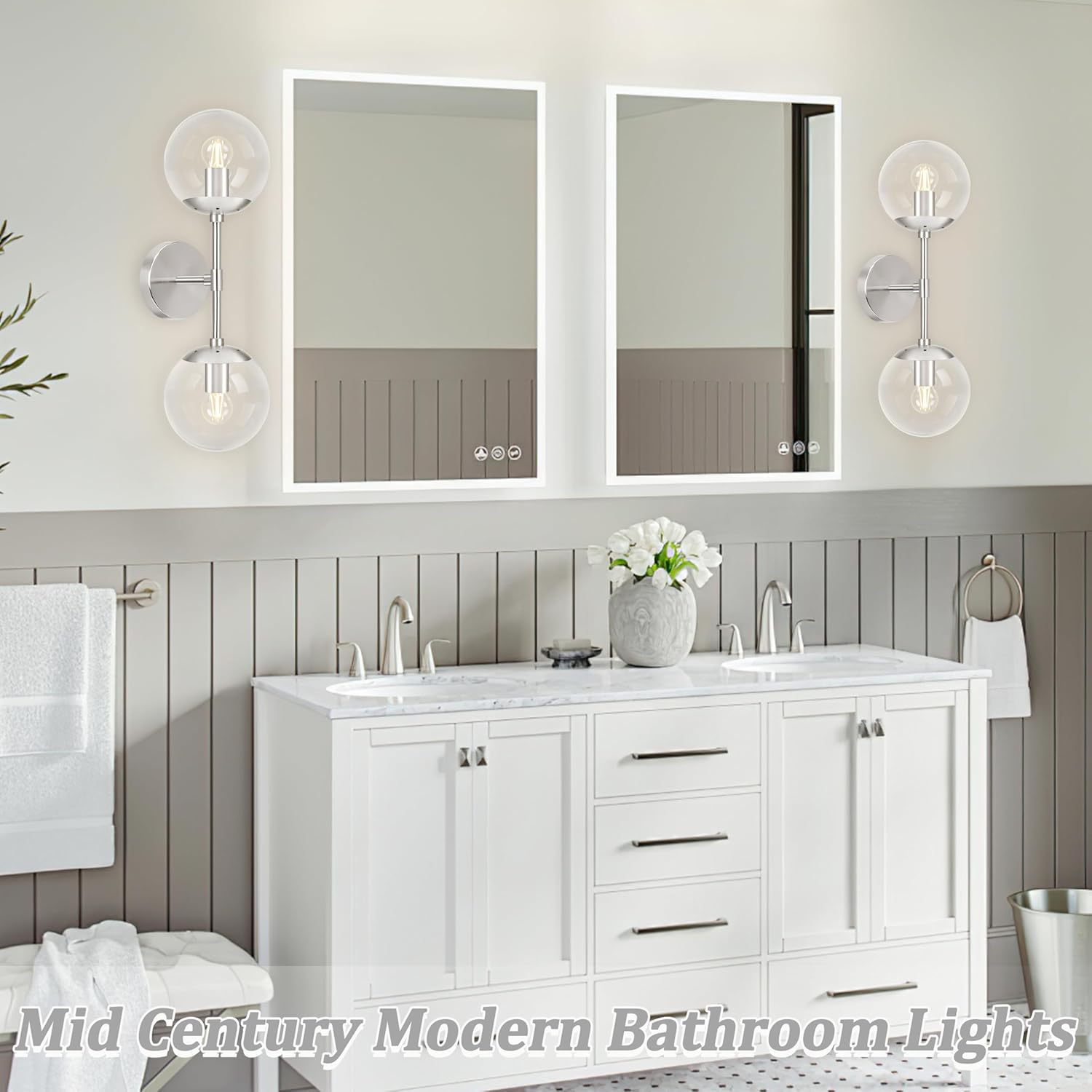 KoKo&Yukina Nickel 2 Light Vanity Light Fixtures Mid Century Modern Bathroom Vanity Light Globe Sconce with Clear Glass for Bathroom Bedroom
