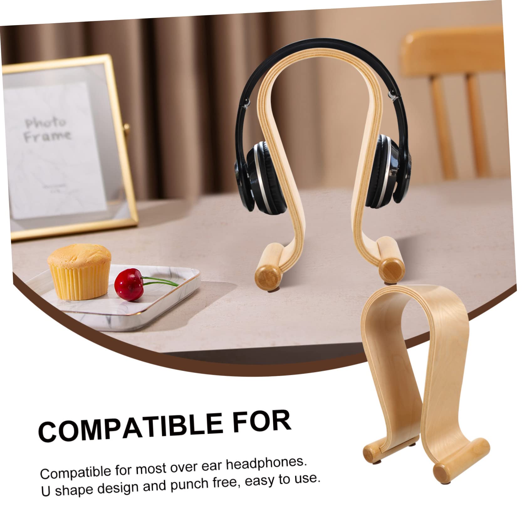 HOMSFOU Supporto per Cuffie in Legno di Espositore per Cuffie da Tavolo Compatibile la Maggior Parte Over-ear Design U Anti-foratura Organizza lo Spazio Sul Tavolo