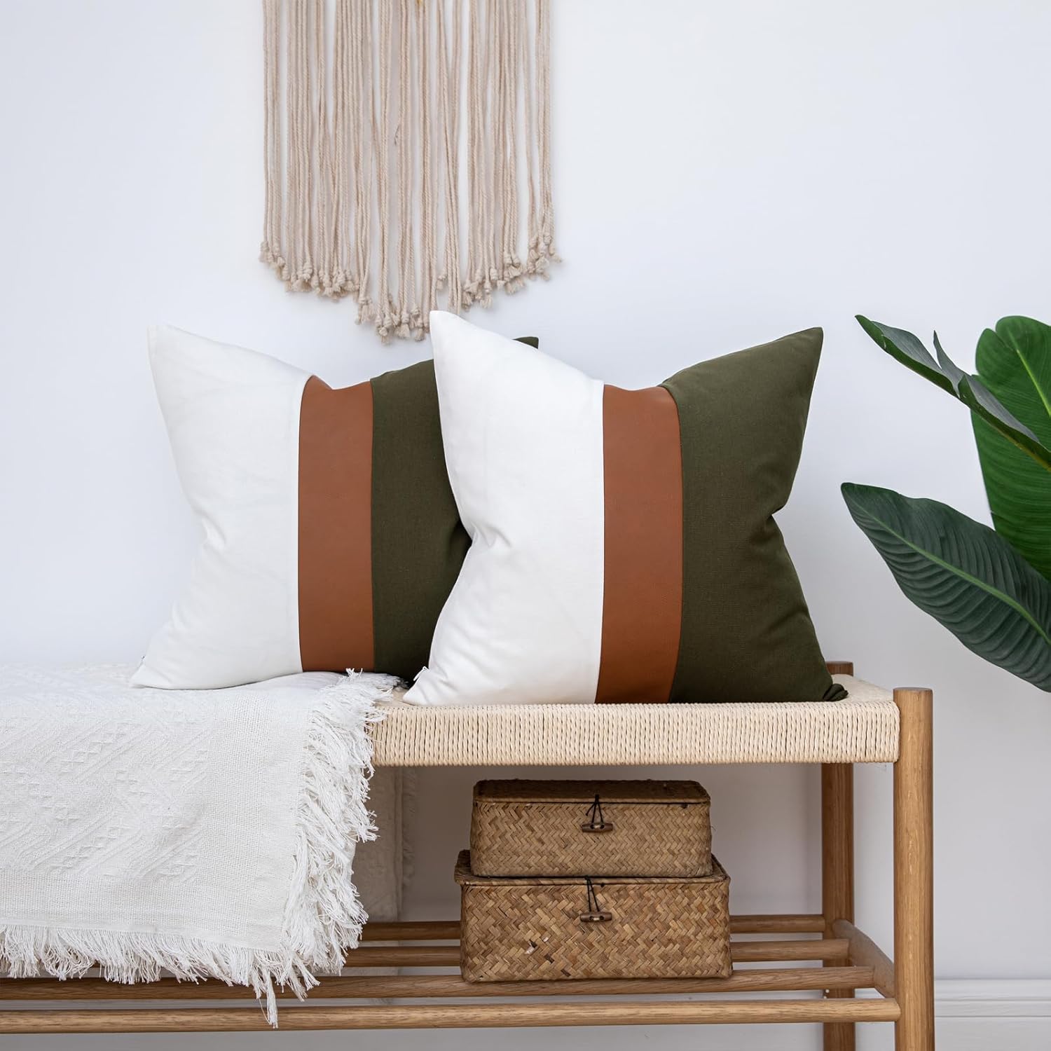 Set of 2 Farmhouse Cotton Throw Pillow Covers 18x18 Decorative Rustic Pillow Case Olive Green and White Square Cushion Case for Sofa Couch Bed Modern Faux Leather Pillowcase - Image 8