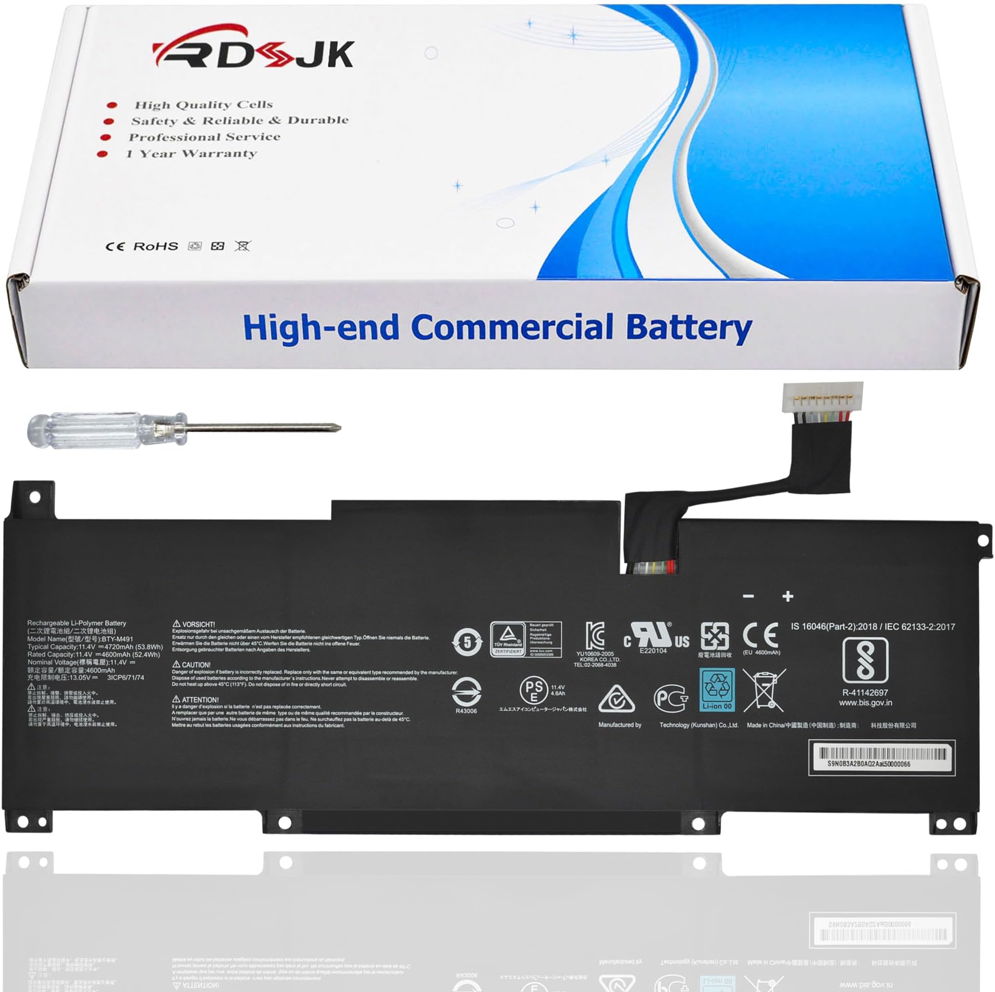 BTY-M491 Laptop Battery for MSI Modern 15 A10 A10M A10M-028DE A10M-029 A10RAS A10RAS-076FR A10RB A10RB-041TW A10RD A11M A11SB A4M A4MW Summit B15 A11M Stealth 15M 11.4V 52.4Wh(White connector 8 Wires)