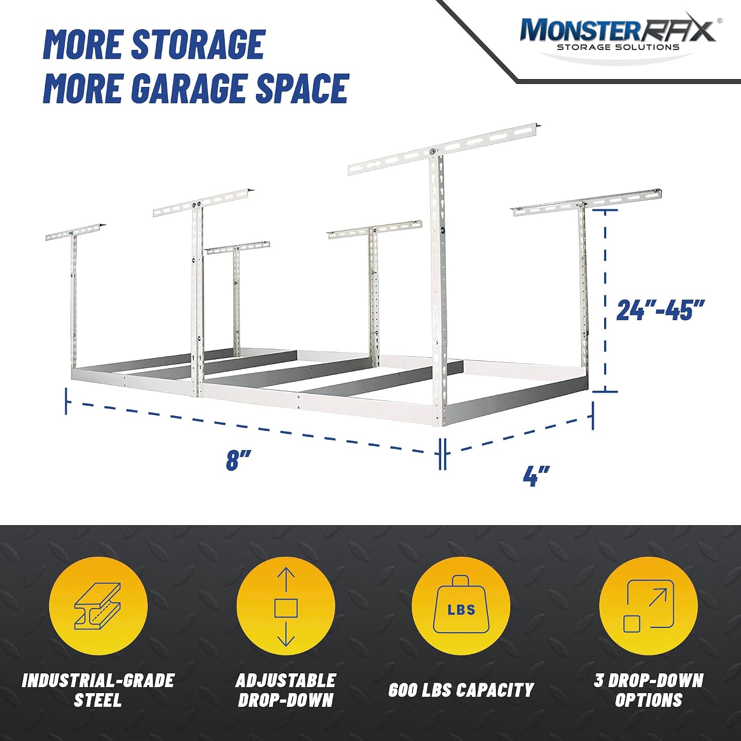 MonsterRax 4x8 Overhead Garage Storage Rack Frame Kit - Hanging Storage Shelves, Garage Ceiling Storage Rack System, Overhead Garage Organizers and Storage, Ceiling Shelving - (White, 24"-45")