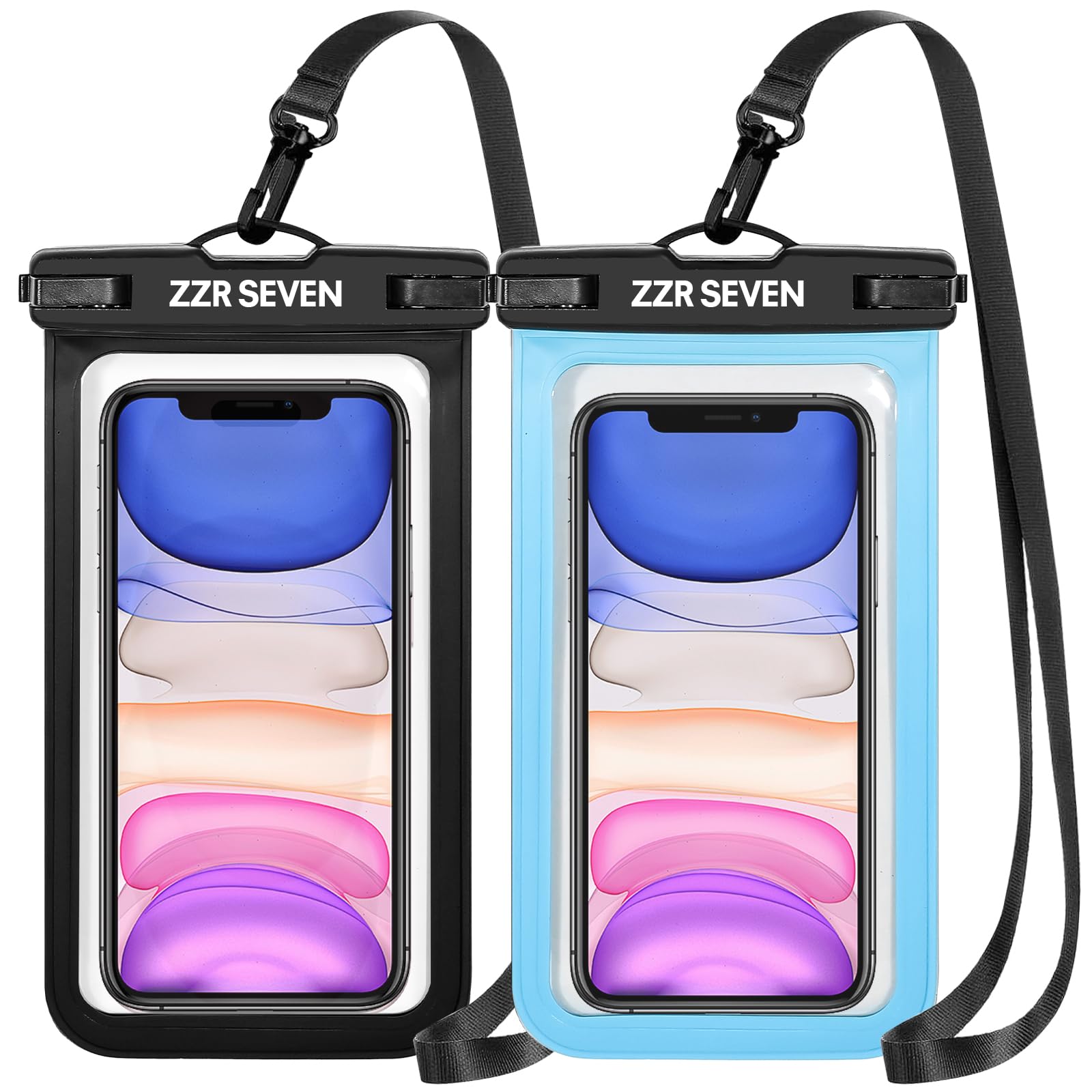 Waterproof Phone Pouch, Beach Bag Compatible with iPhone 15 14 Pro Max, Dry Bag, Travel Essentials -7.2” (Black+Blue)