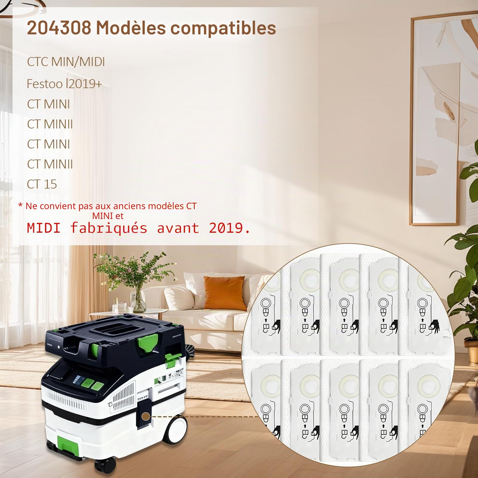 Lot de 10 sacs à poussière de rechange pour collecteur de poussière 204308 | Mini sac filtrant pour Festool CT MINI/CT MINI I/CT MIDI/CT MIDI I/CTC MINI/MIDI/CT 15 à partir de 2019