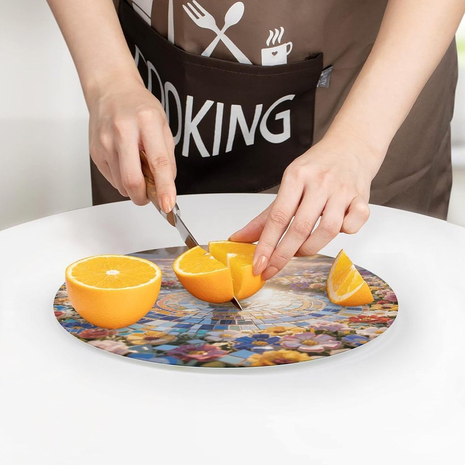 Mosaic Flower Sea with Angel Cutting Board Portable Small Chopping Boards Tempered Glass Kitchen Counter Protector Non-Slip Round Charcuterie Boards Mat for Bar Cheese Board