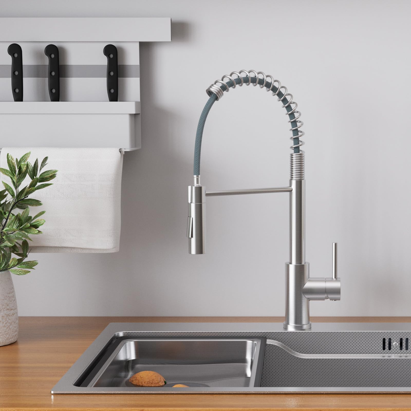 CECIPA Wasserhahn Küche, Hochdruck Küchenarmatur Mit Herunterziehbare Brause, Mischbatterie Küche Zwei Sprühfunktionen, Hoher Bogen Spültischarmatur 360° Drehung, Edelstahl Gebürstet | 360° Drehung, Armatur Küche mit Zwei Wasserstrahlarten, Einhebel,Heiße