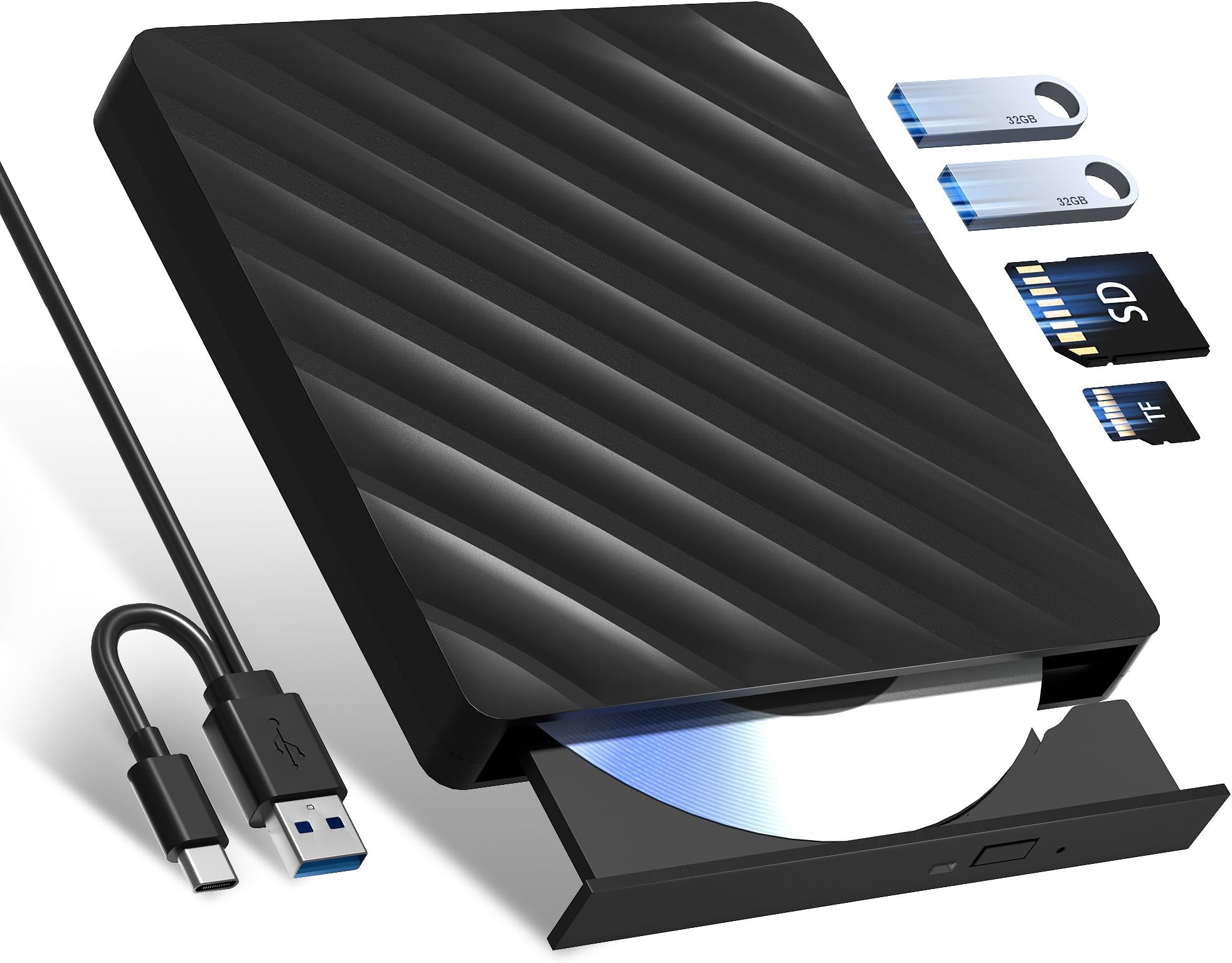 Wbacon 5 in 1 External Bluray Drive, USB 3.0 Type-C Slim Optical External Bluray DVD Burner with SD/TF Card Reader 2 USB 3.0 Hubs Compatible with Windows XP/7/8/10 MacOS MacBook Laptop and Desktop