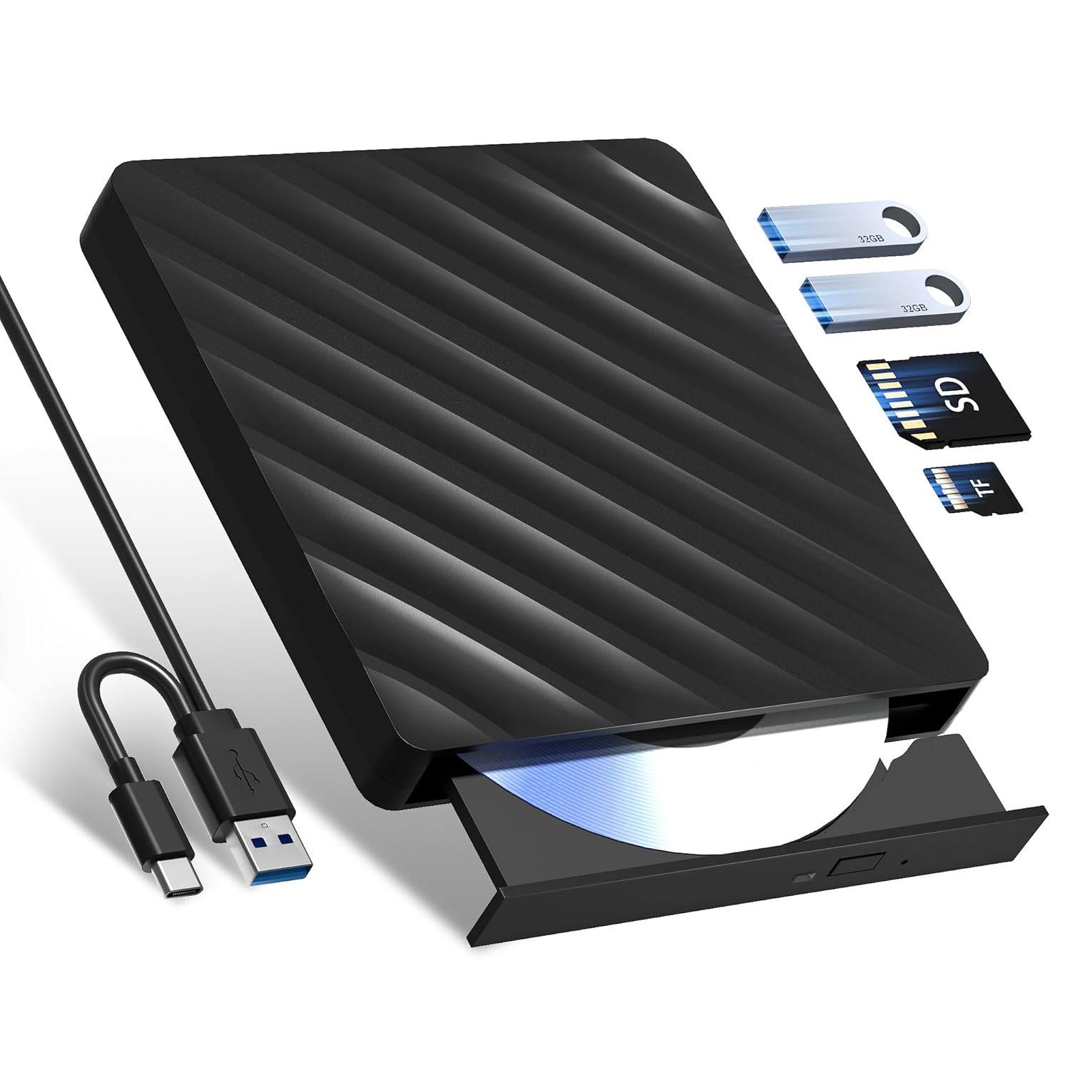5 in 1 External Bluray Drive, USB 3.0 Type-C Slim Optical External Bluray DVD Burner with SD/TF Card Reader 2 USB 3.0 Hubs Compatible with Windows XP/7/8/10 MacOS MacBook Laptop and Desktop