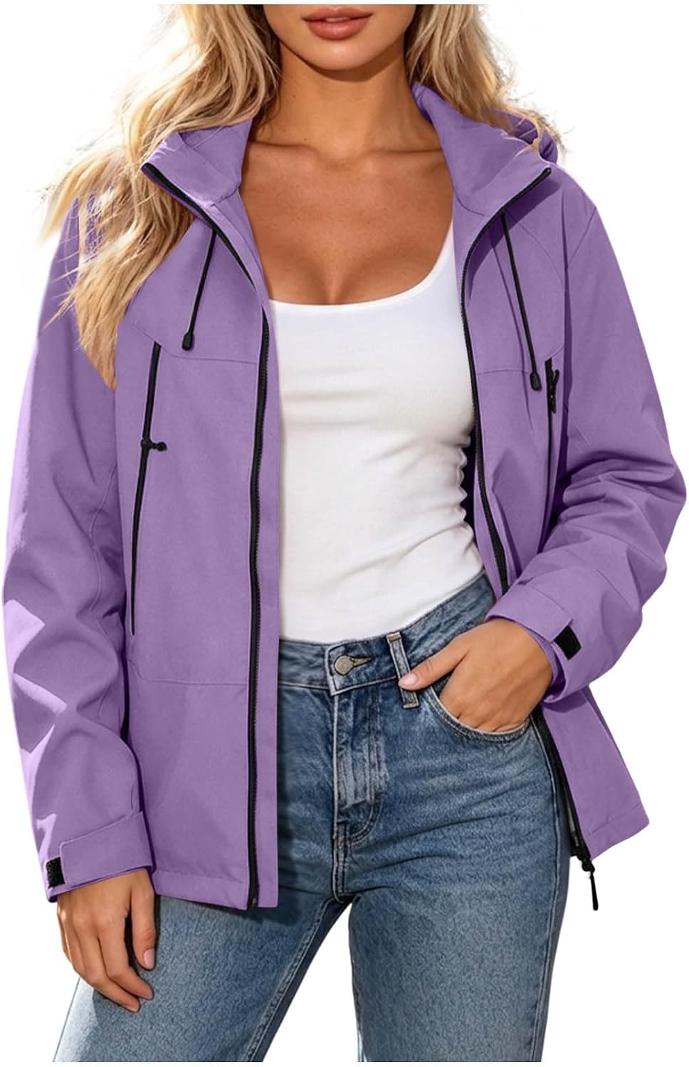 Women's Hooded Windbreaker Jacket Full Zip Waterproof Drawstring Coat Fall Winter Outdoor Hiking Travel Outerwear