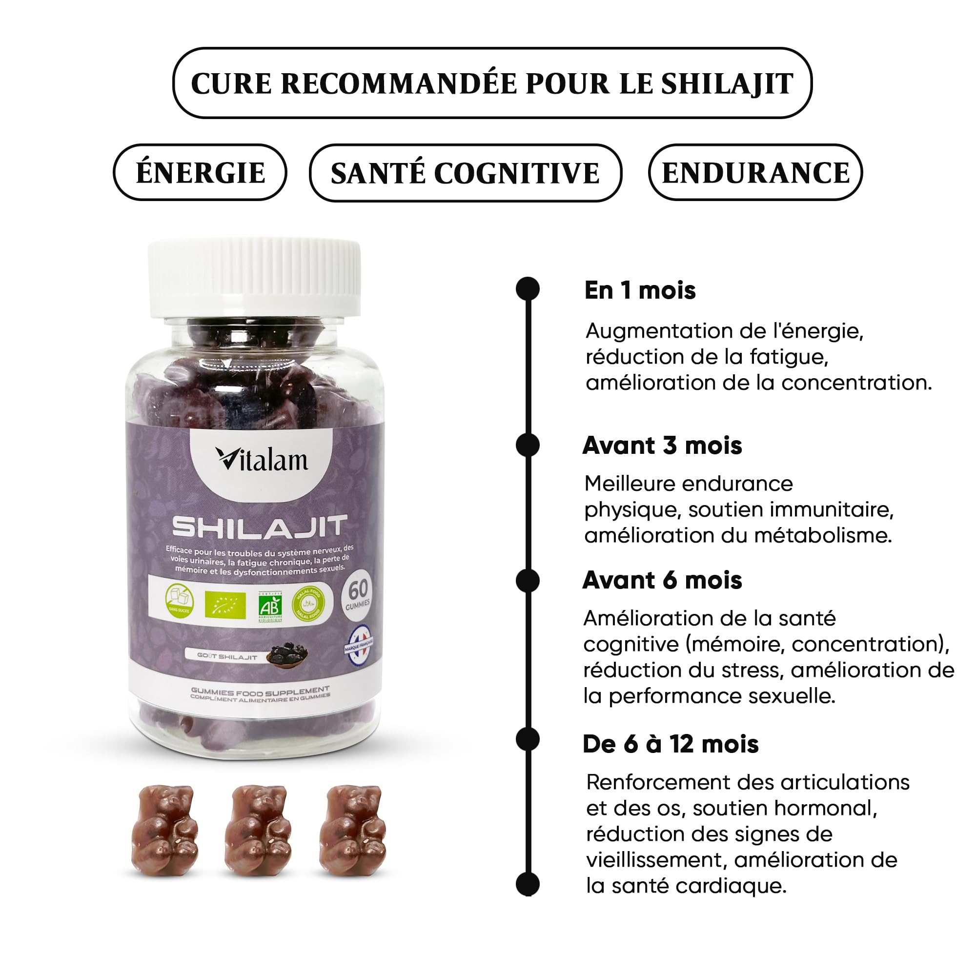 Gummies Shilajit Pur Bio, Shilajit Himalaya, Boost métabolisme, Libido et Energie, Acide Fulvique, Soutien Immunitaire pour hommes et femmes, complément alimentaire 100% Naturel