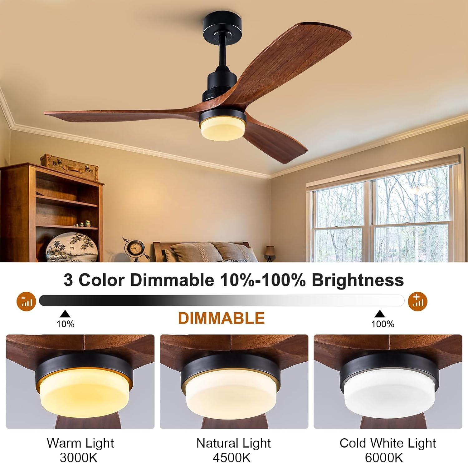 Dimmable 52 Inch Wood Ceiling Fans with Lights and Remote Control - Black Outdoor Ceiling Fan with Light 3 Blades Outdoor Ceiling Fans for Patios Bedroom Ceiling Fan with Lights for Living Room Porch