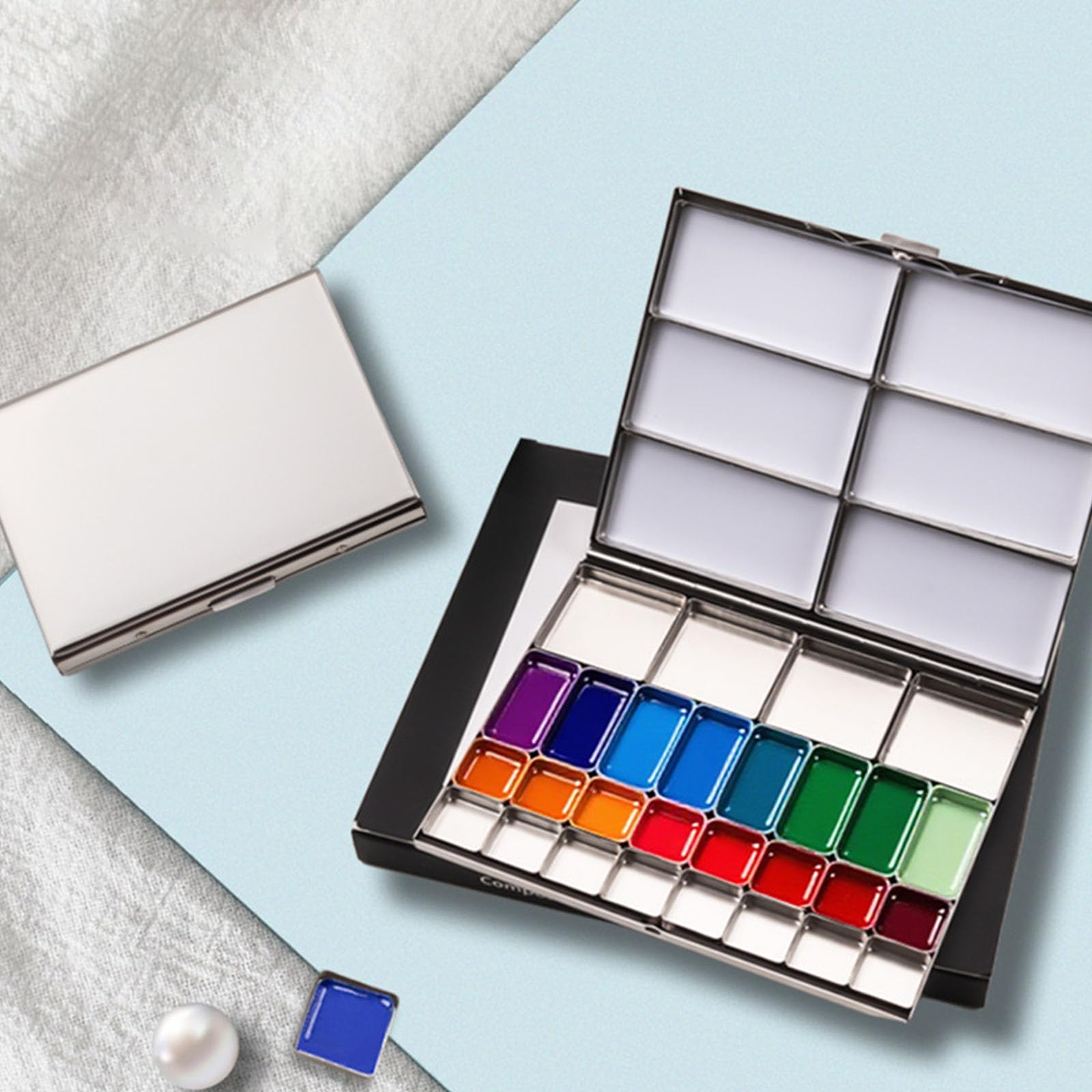 Paleta de pintura vacía de 2 tamaños para arte, viajes, acuarela, bandeja de pintura de metal, caja de pintura con bandeja de paleta de metal