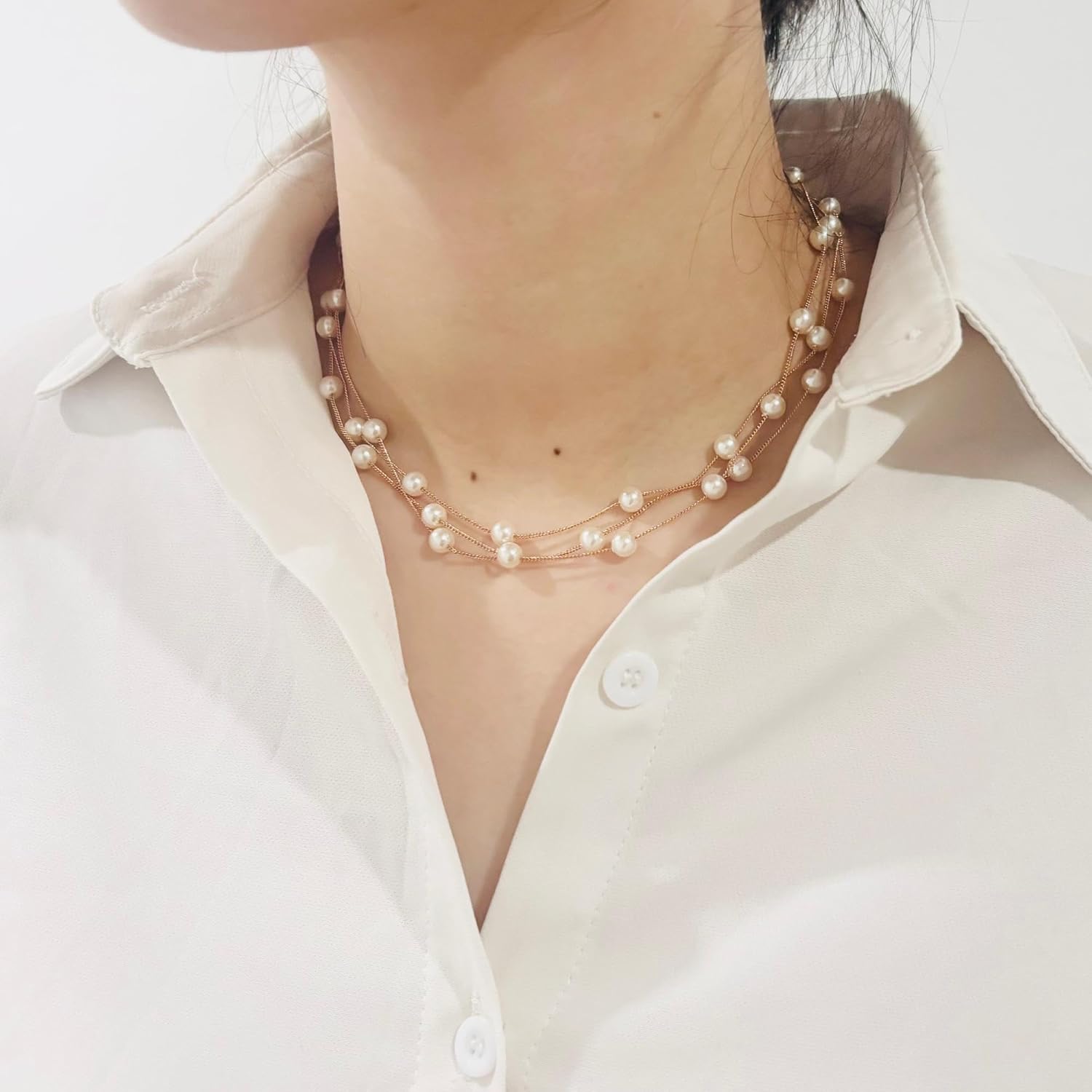 Aleasha Rose Gold Faux Pearl Choker Necklace Multi Strand for Women Silver Dainty Small Pearl Wedding Jewelry - Image 3