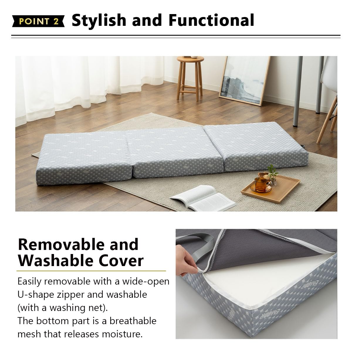 EMOOR Dreifach Faltbar Kompakt Matratze Luxe (65 x 180 cm) Grau, Urethan Abnehmbarer Bezug Outdoor Camping Tragbar Gästegriffe Japanische Futonmatratze Tatami