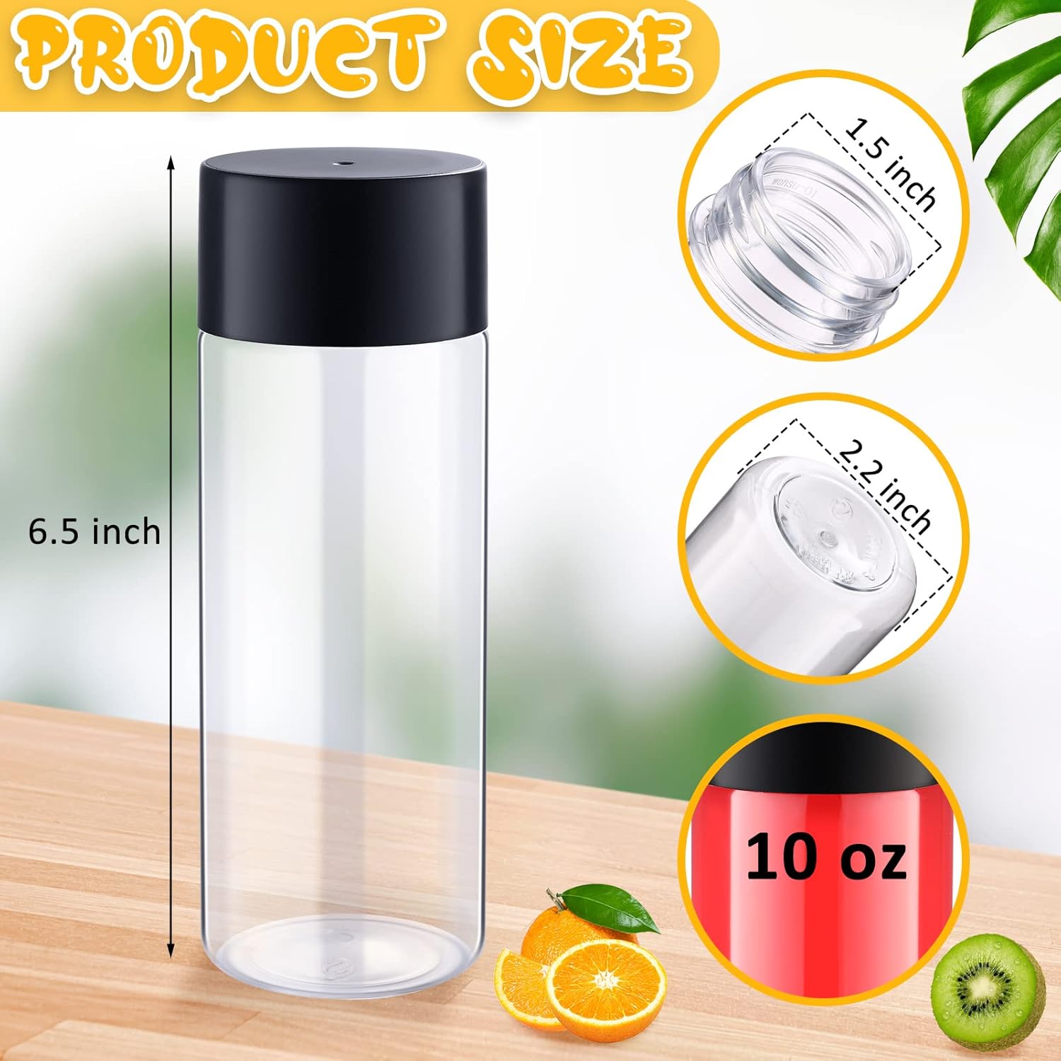 Yinder 50 Pcs Plastic Juice Bottles with Black Lids Sensory Bottles Round Clear Drink Containers Plastic Smoothie Tumble Empty Water Tumble 10 OZ for Storing Juice, Milk, Homemade Beverage (10 oz)