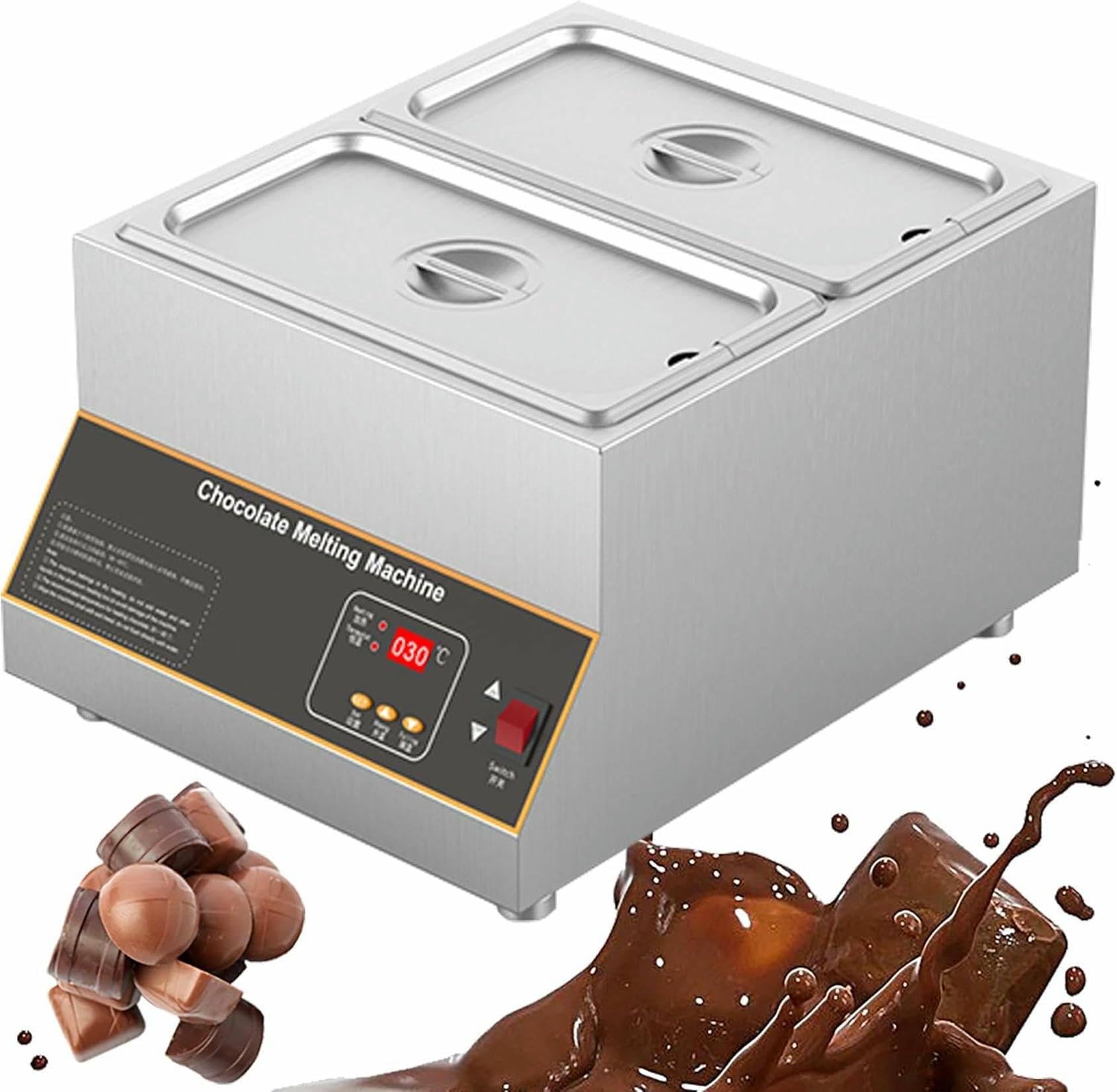 Temperatrice Elettrica Commerciale per Cioccolato | Macchina per Sciogliere Il Cioccolato A Controllo Digitale | Riscaldamento Ad Aria, Anti-Coking | 0-185℉ | capacità 12 Litri | 500 W 2Tanks