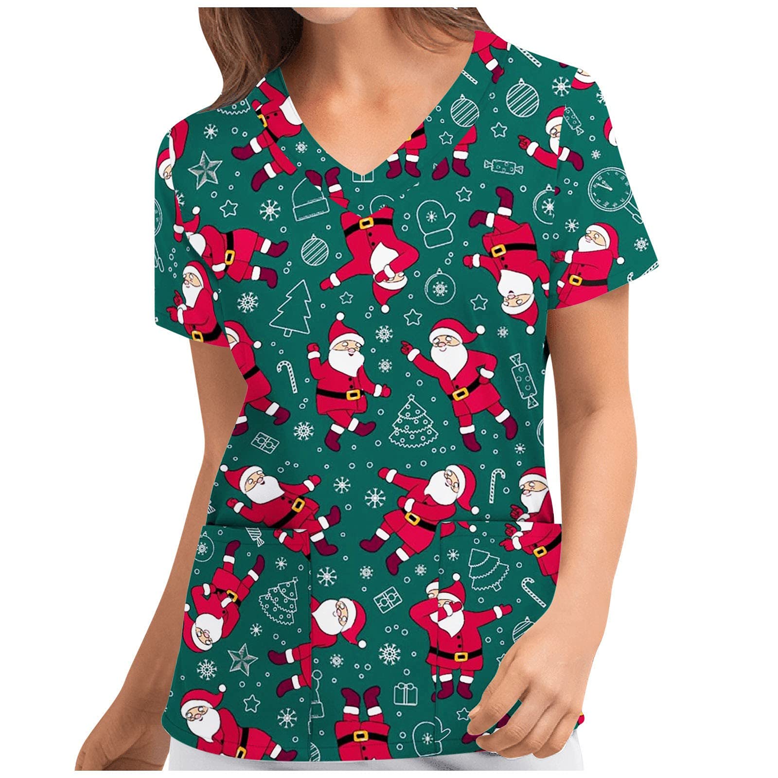 Christmas Scrubs Uniforms For Women Short Sleeve V Neck Shirts