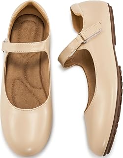 Ablanczoom Mary Jane Flats for Women: Dressy Round Toe Ankle Strap Ballet Flats Comfortable Dress Shoes for Work Office Business Nude
