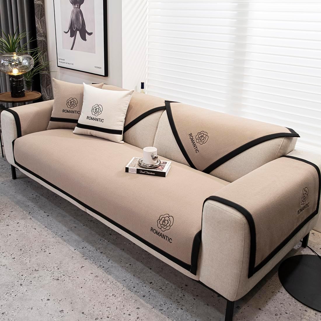 vctops Luxury Plush Couch Sofa Cover Solid Embroiderd Sectional Couch Cover Non-Slip Super Soft Fuzzy Sofa Slipcover for Dogs, Children, Pets Furniture Protector (Khaki,36"x47")