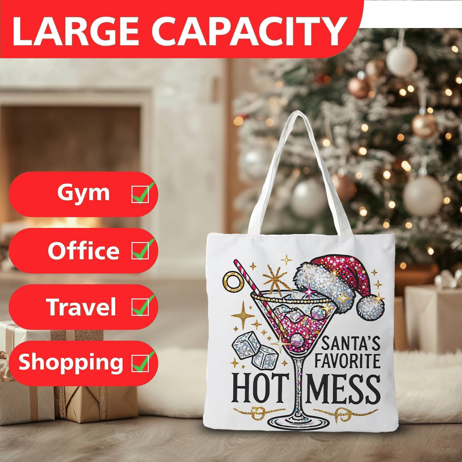 クリスマストートバッグ、トートキャンバスバッグ、レディース、メンズ、再利用可能なショッピングバッグギフト