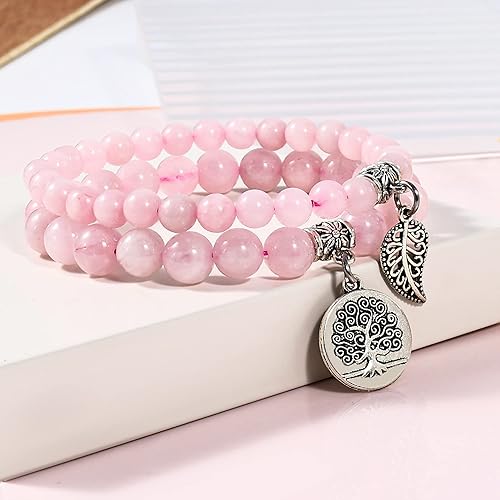 Miniatura 4 de Bivei Pulsera de cuentas de piedras preciosas semipreciosas naturales para mujer, pulseras elásticas de cristal Reiki con dije de árbol y hoja
