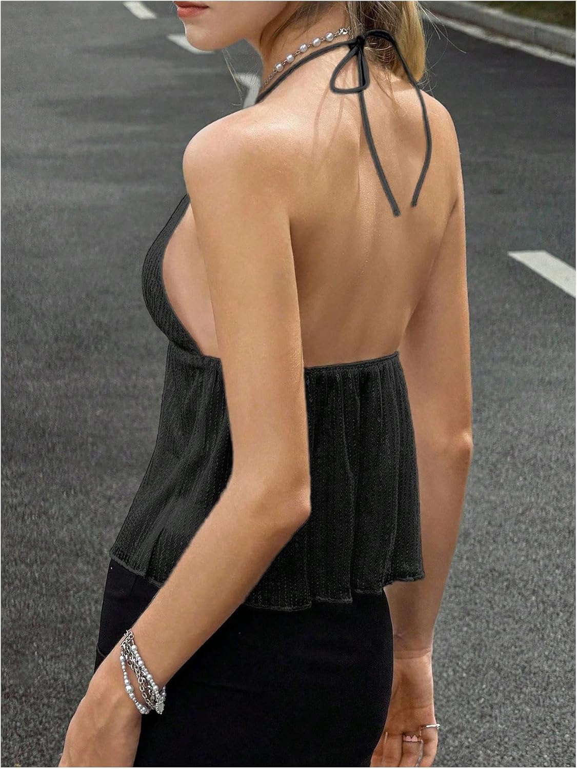 SweatyRocks Women's Deep V Neck Sequin Halter Tops Glitter Backless Sexy Going Out Top - Image 3