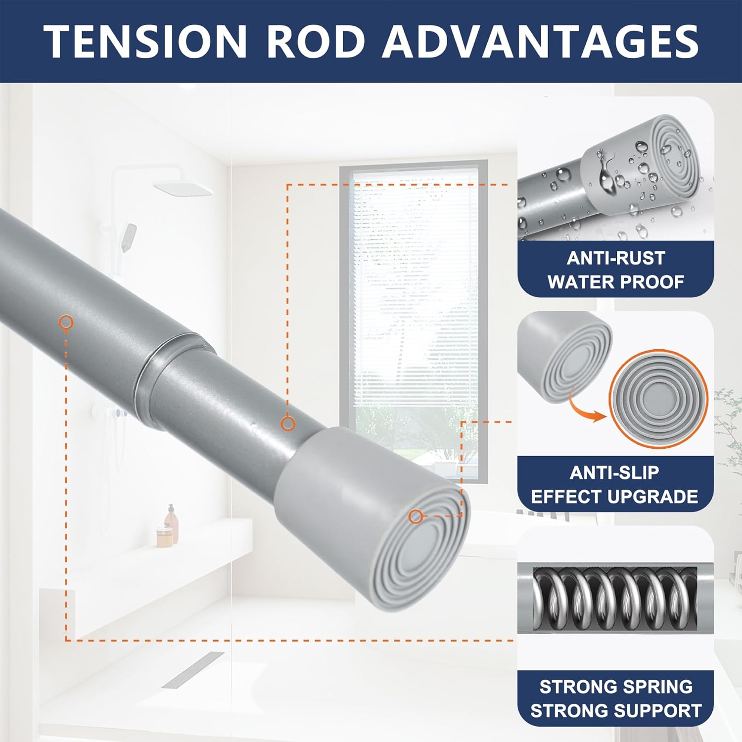 Adjustable Shower Curtain Rod 28 to 52 Inches, Small Spring Tension Curtain Rod, No Drill Curtain Rods for Windows, Bathroom, Closet, Non-Slip, 0.86" Diameter, Silver Gray, 2 Pieces