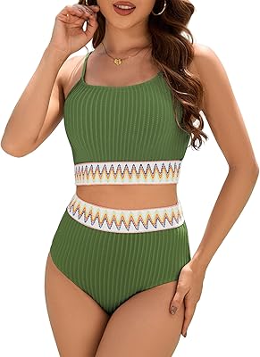 Zando High Waisted Bikini Sets for Women 2025 Ribbed 2 Piece Tummy Control Swimsuits Adjustable Color Block Bathing Suit