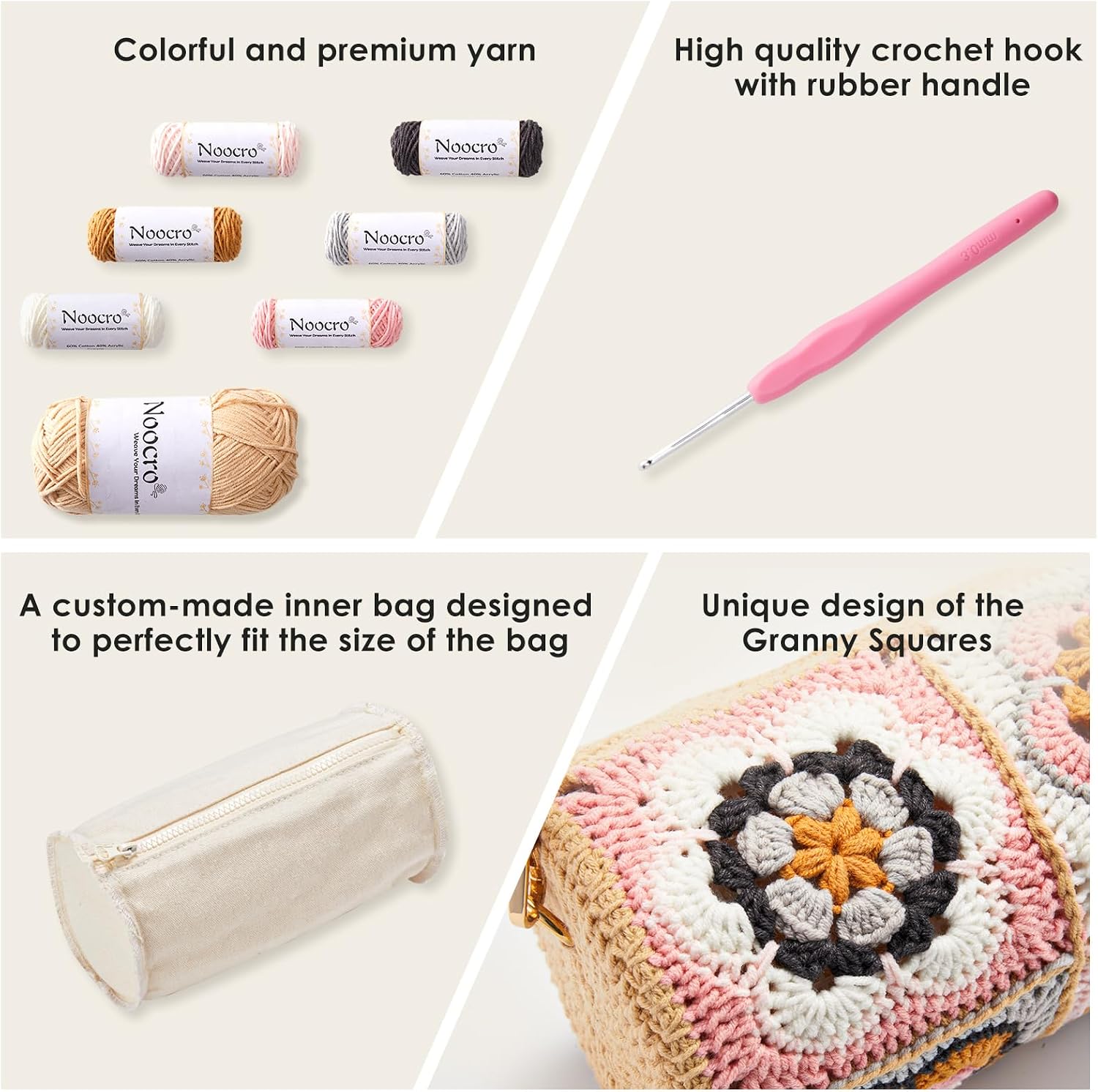 Noocro Crochet Kit for Cylindrical Bucket Bag, Purse, Complete DIY Kit with Detailed Instructions, Video Tutorials, for Beginners with Basic Crochet Knowledge or Intermediate and Advanced Crocheters