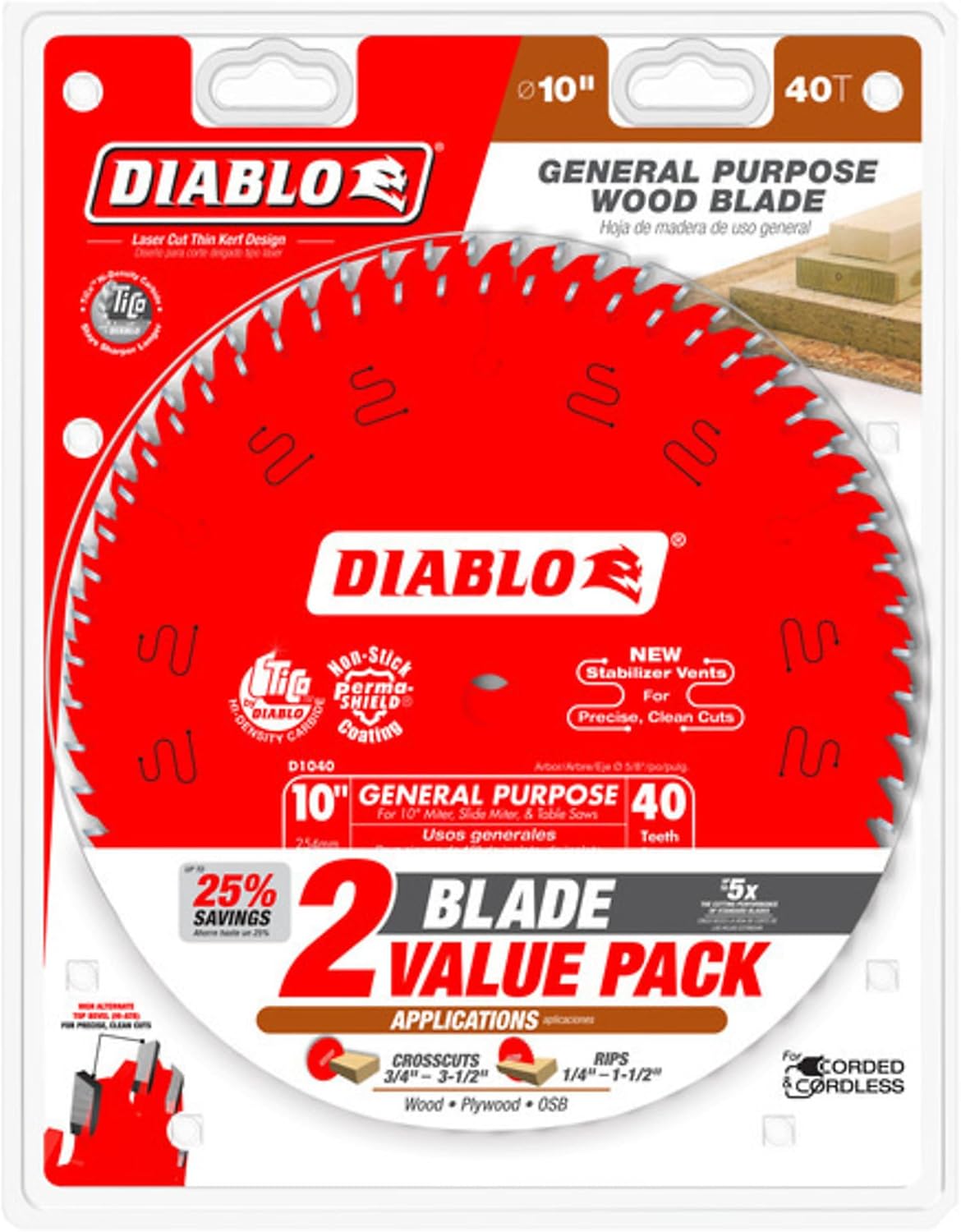 Diablo General Purpose Circular Saw Blade - 10" x 40-Tooth for Clean Cuts, TiCo Carbide & Perma-SHIELD Coating, Thin Kerf for Precision, 2 Blade Value Pack - D104040VP