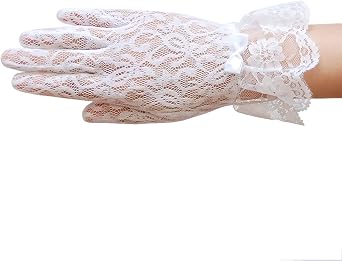 Stretch floral lace gloves for girl with lace ruffle trim Wrist Length 2BL