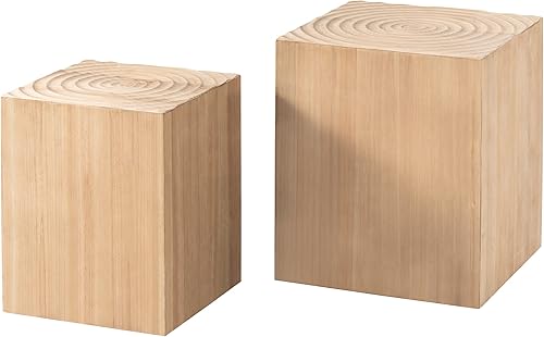Miniatura 8 de COZAYH Juego de 2 mesas auxiliares de tocón de árbol, diseño múltiple con patrón de anillo de árbol de madera, color madera natural